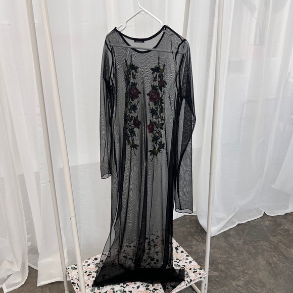 Floral Embroidered Black Mesh Dress - Picture 5 of 6